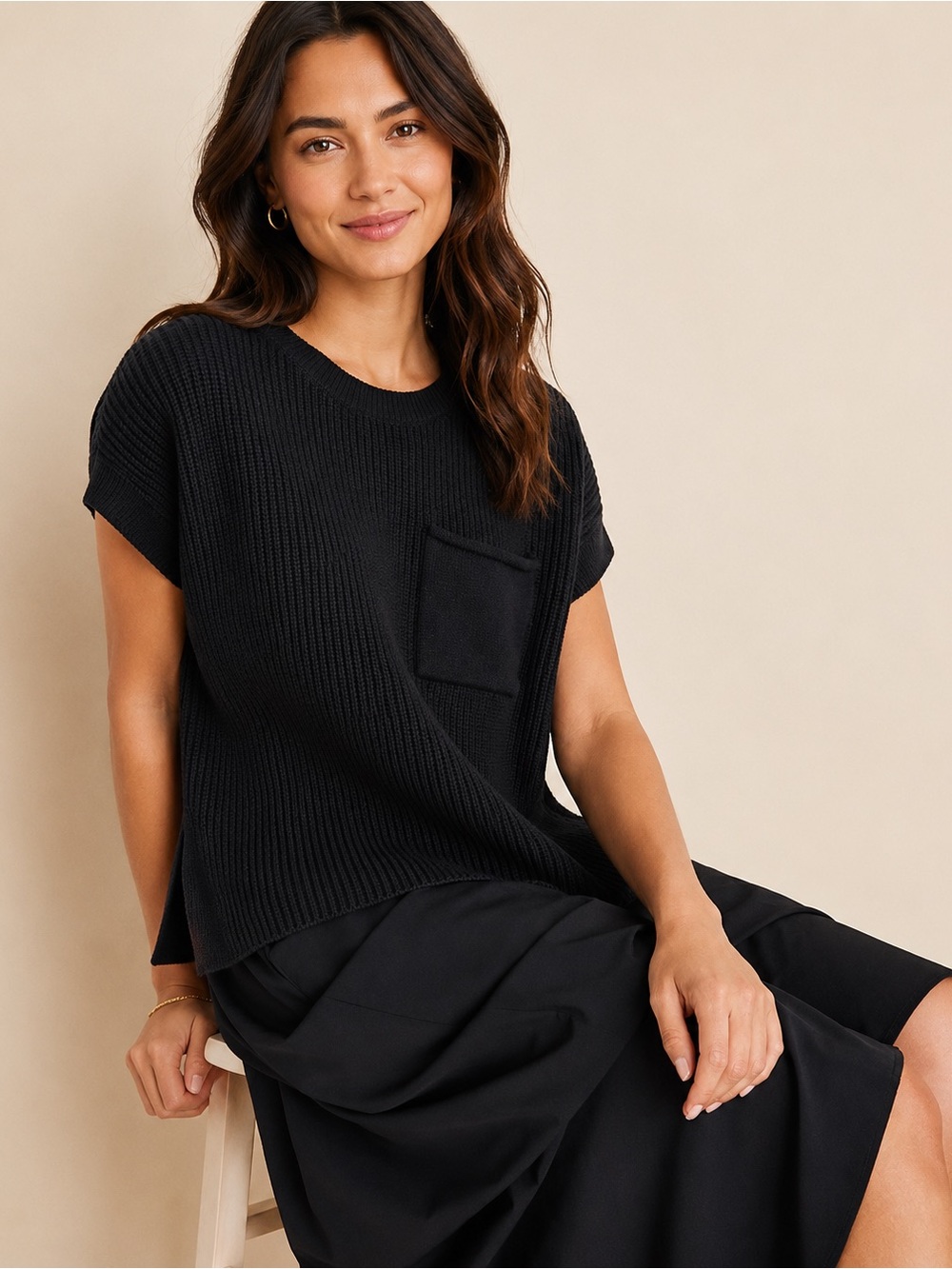 Lou & Grey Black Ribbed Sweater Vest with Pocket | Size Small